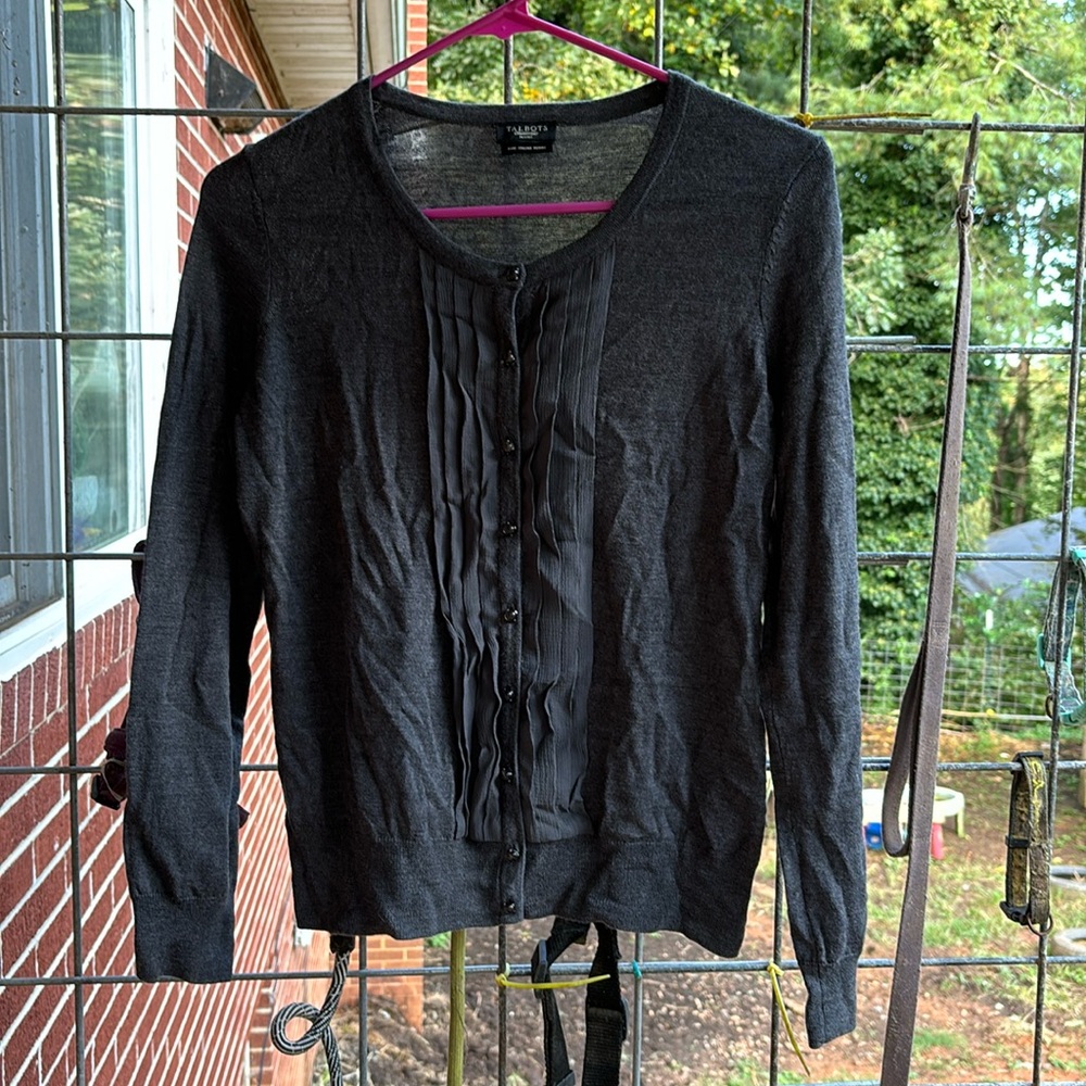 Talbots Petites Pure Italian Merino Wool Dark Gray Button Up. Sweater Silk Trim